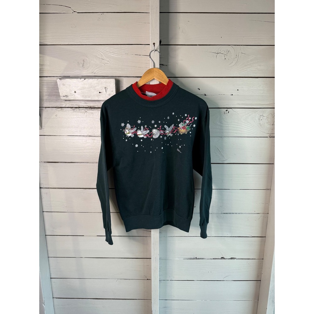 Vintage Morning Sun Christmas Birds Sleigh Sweatshirt Green Red Double Collar M